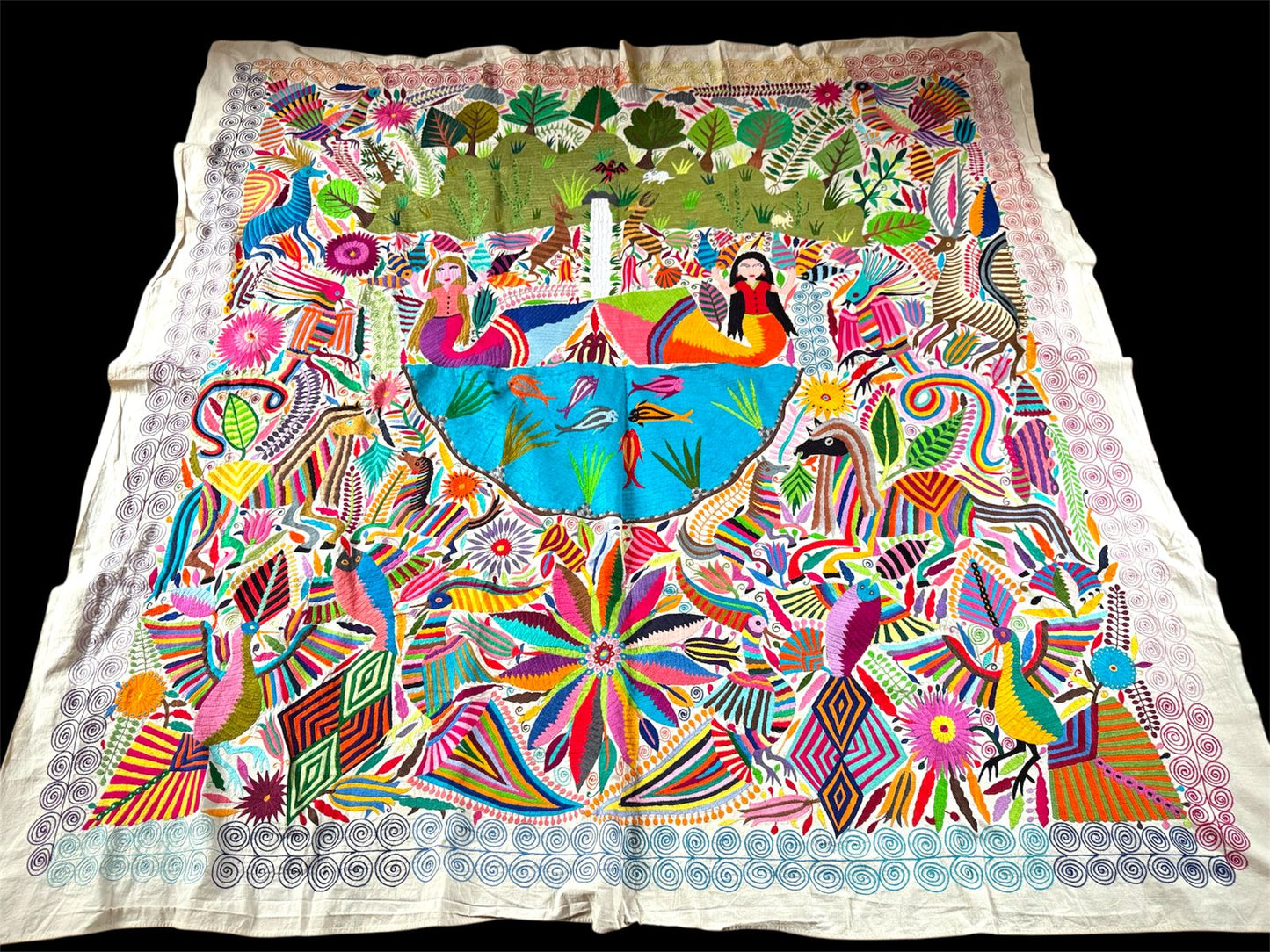 Otomi Wandteppich Extra Groß Mexikanisch Handgestickt Tenango Wandkunst - MEERJUNGFRAU 4