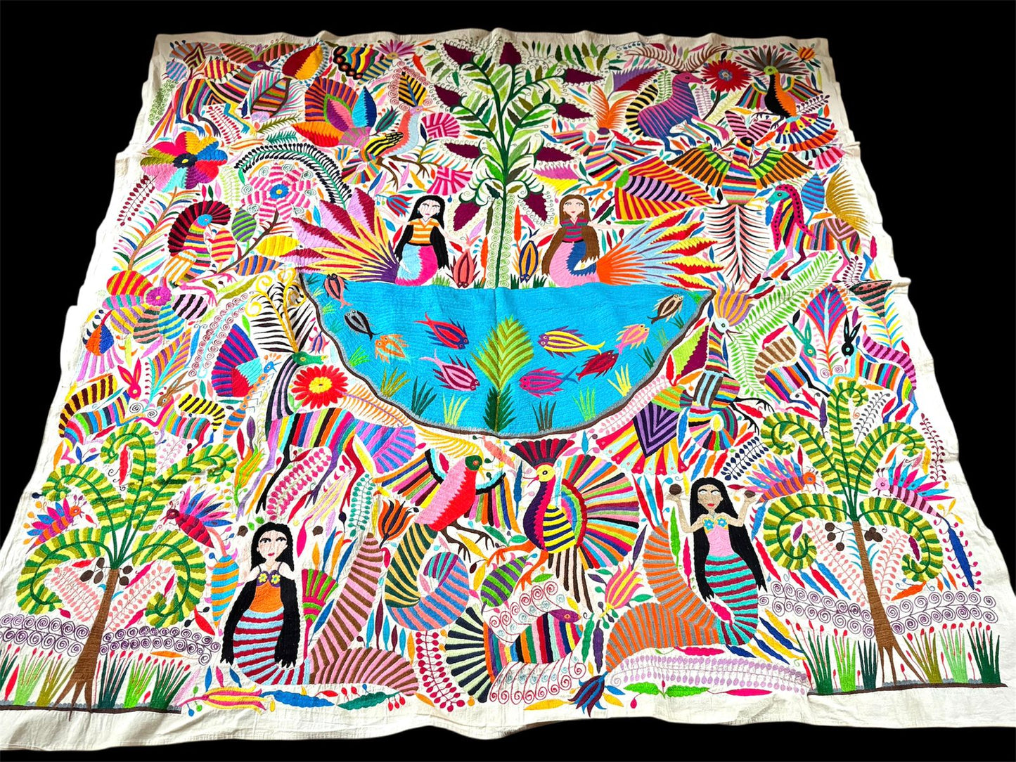 Tapiz Otomí Extra Grande Mexicano Bordado a Mano Arte de Pared Tenango - SIRENA 5
