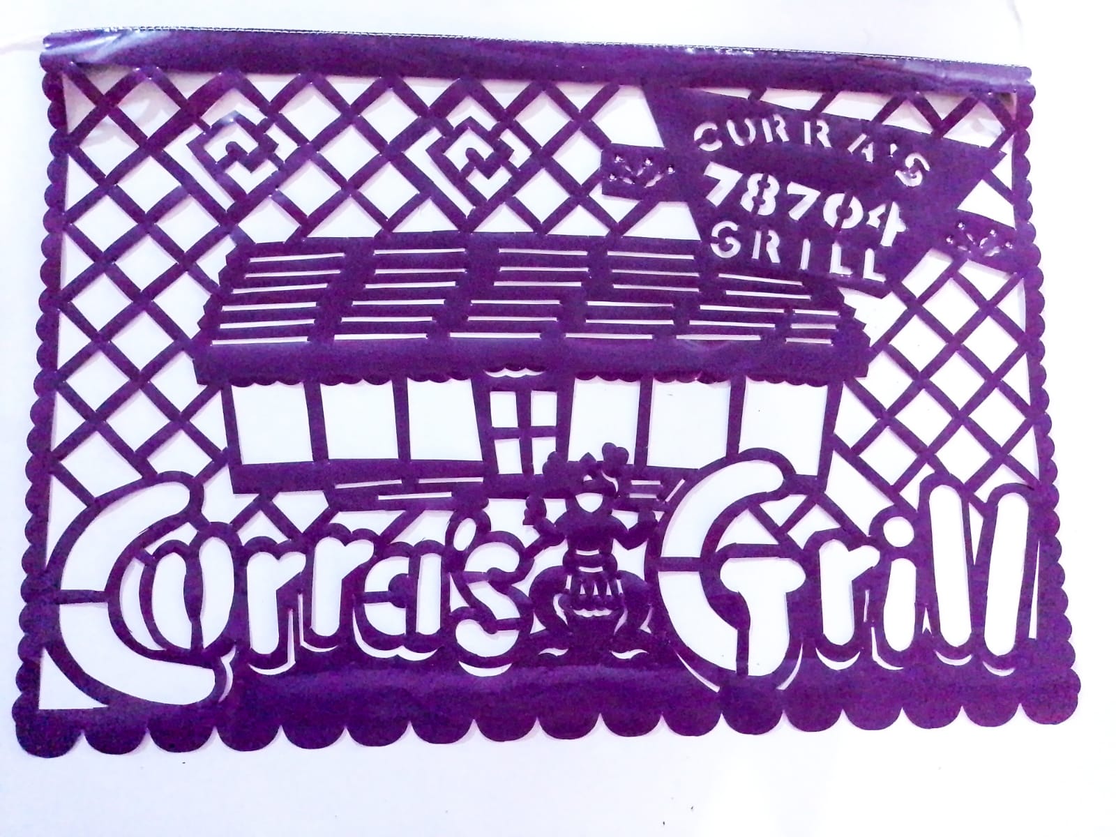 custom papel picado plastic flag we made for our client Curra's Grill