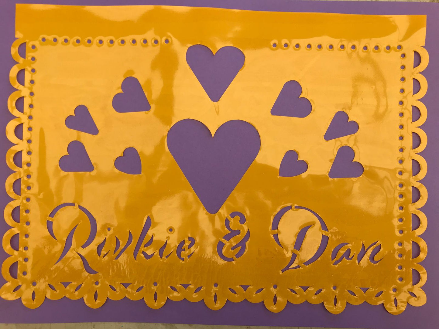 custom papel picado plastic flag we made for our wedding clients Rivkie & Dan