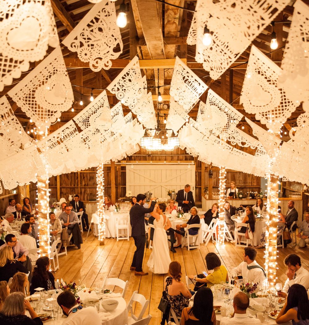 How much bunting to order & papel picado hanging style: ARCHING DOWN ON BOTH SIDES