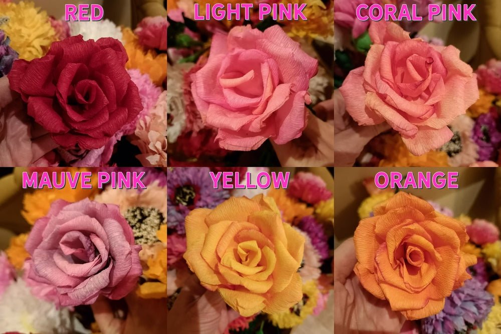 Roses en papier, décorations florales artisanales en crêpe