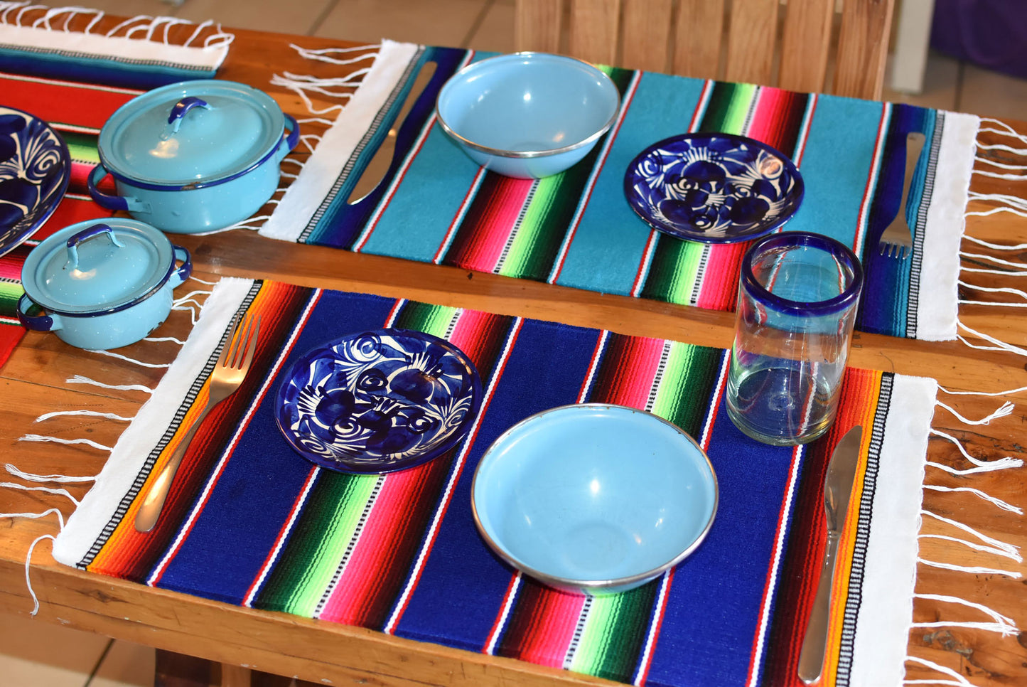 Mexican Placemats Set of 4 Serape Placemats Handwoven w Base Colours Dk Blue, Lt Blue, Red & Lilac - ARTMEXICO