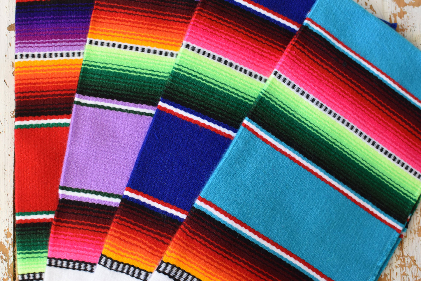 Mexican Placemats Set of 4 Serape Placemats Handwoven w Base Colours Dk Blue, Lt Blue, Red & Lilac - ARTMEXICO