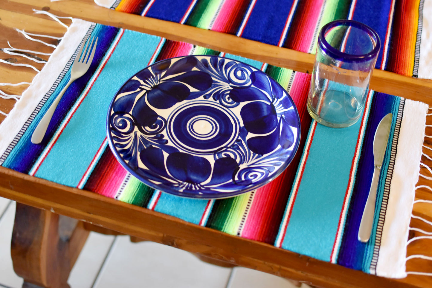 Mexican Placemats Set of 4 Serape Placemats Handwoven w Base Colours Dk Blue, Lt Blue, Red & Lilac - ARTMEXICO