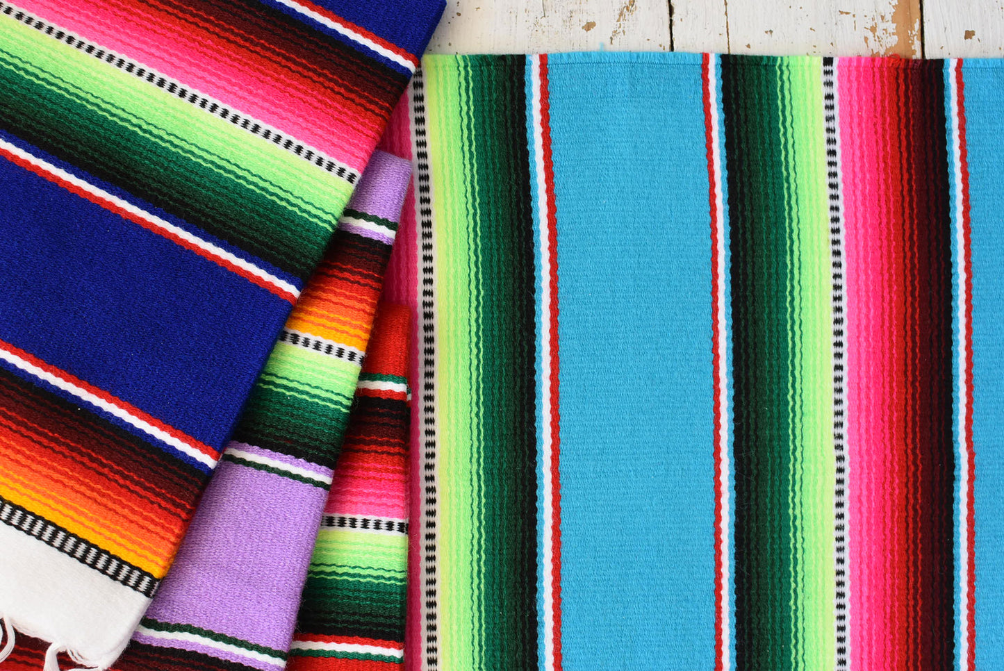 Mexican Placemats Set of 4 Serape Placemats Handwoven w Base Colours Dk Blue, Lt Blue, Red & Lilac - ARTMEXICO
