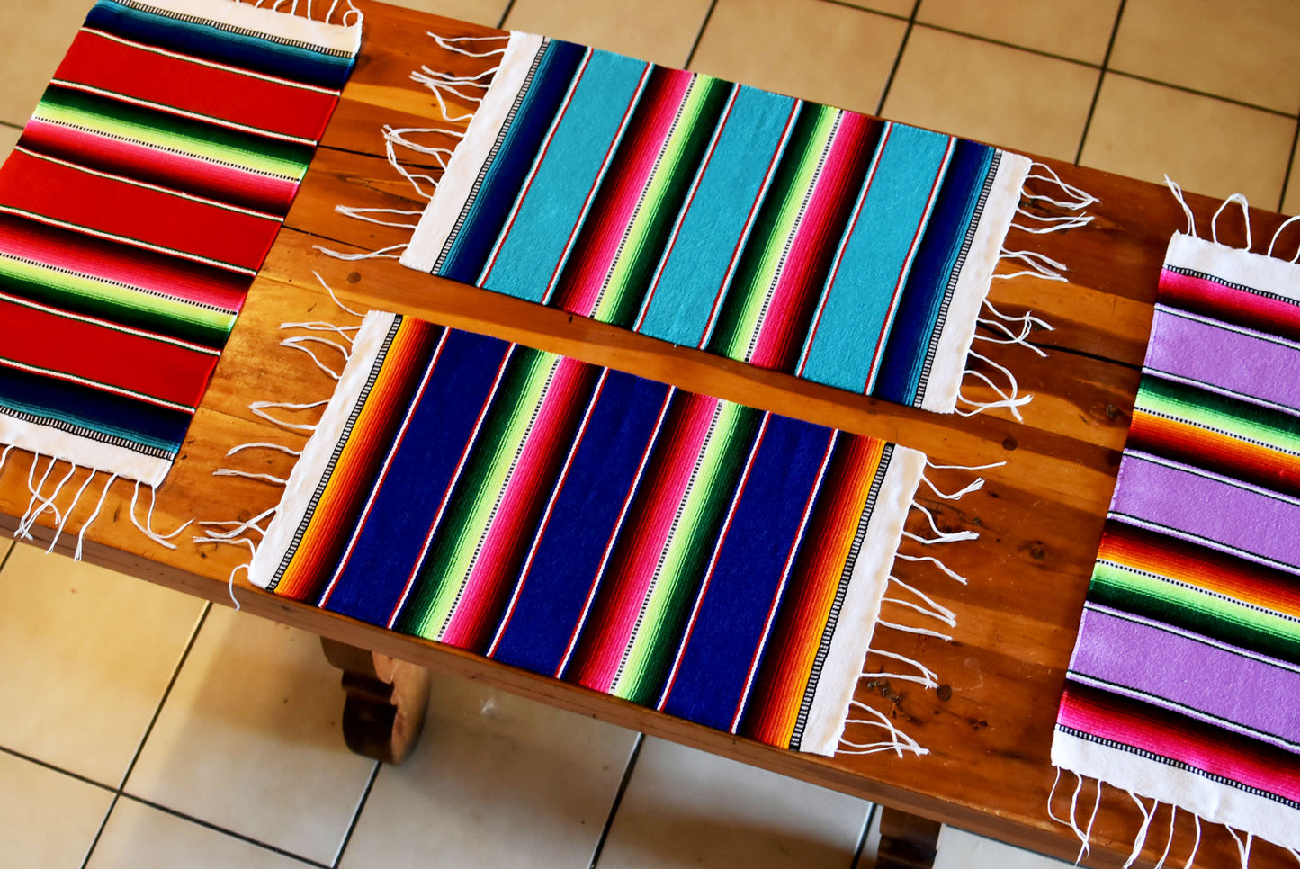 Mexican Placemats Set of 4 Serape Placemats Handwoven w Base Colours Dk Blue, Lt Blue, Red & Lilac - ARTMEXICO