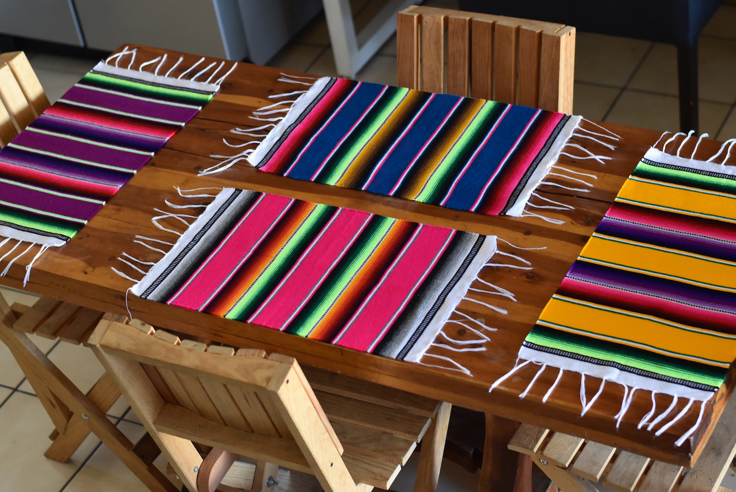 Mexican Placemats Set of 4 Serape Placemats Handwoven w Base Colours Yellow, Purple, Fuchsia, Dark Turquoise - ARTMEXICO