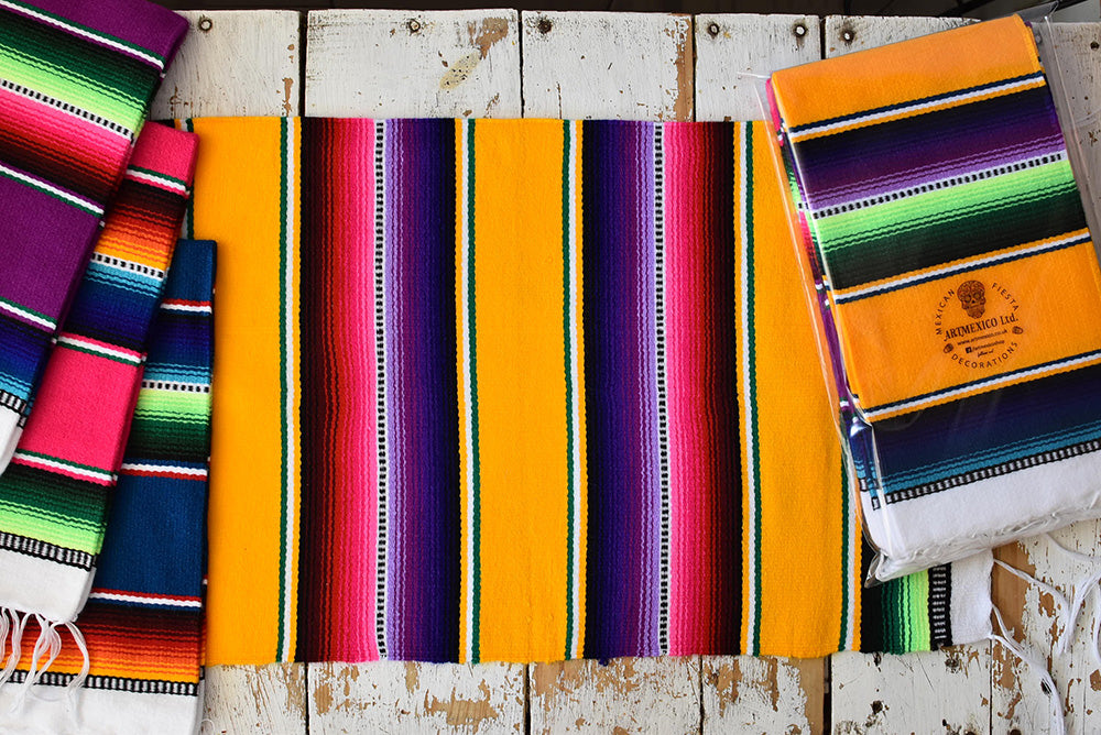 Mexican Placemats Set of 4 Serape Placemats Handwoven w Base Colours Yellow, Purple, Fuchsia, Dark Turquoise - ARTMEXICO