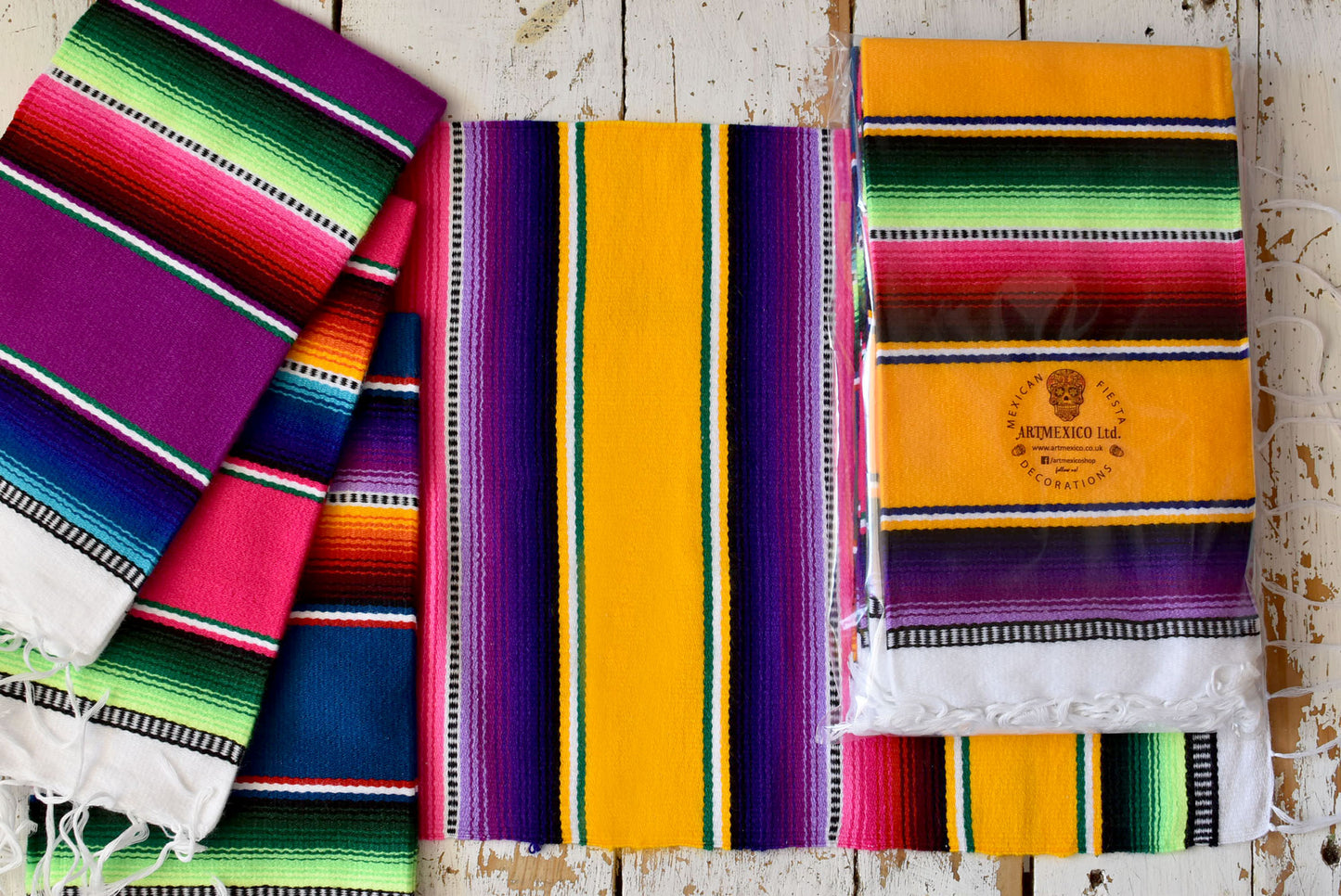 Mexican Placemats Set of 4 Serape Placemats Handwoven w Base Colours Yellow, Purple, Fuchsia, Dark Turquoise - ARTMEXICO