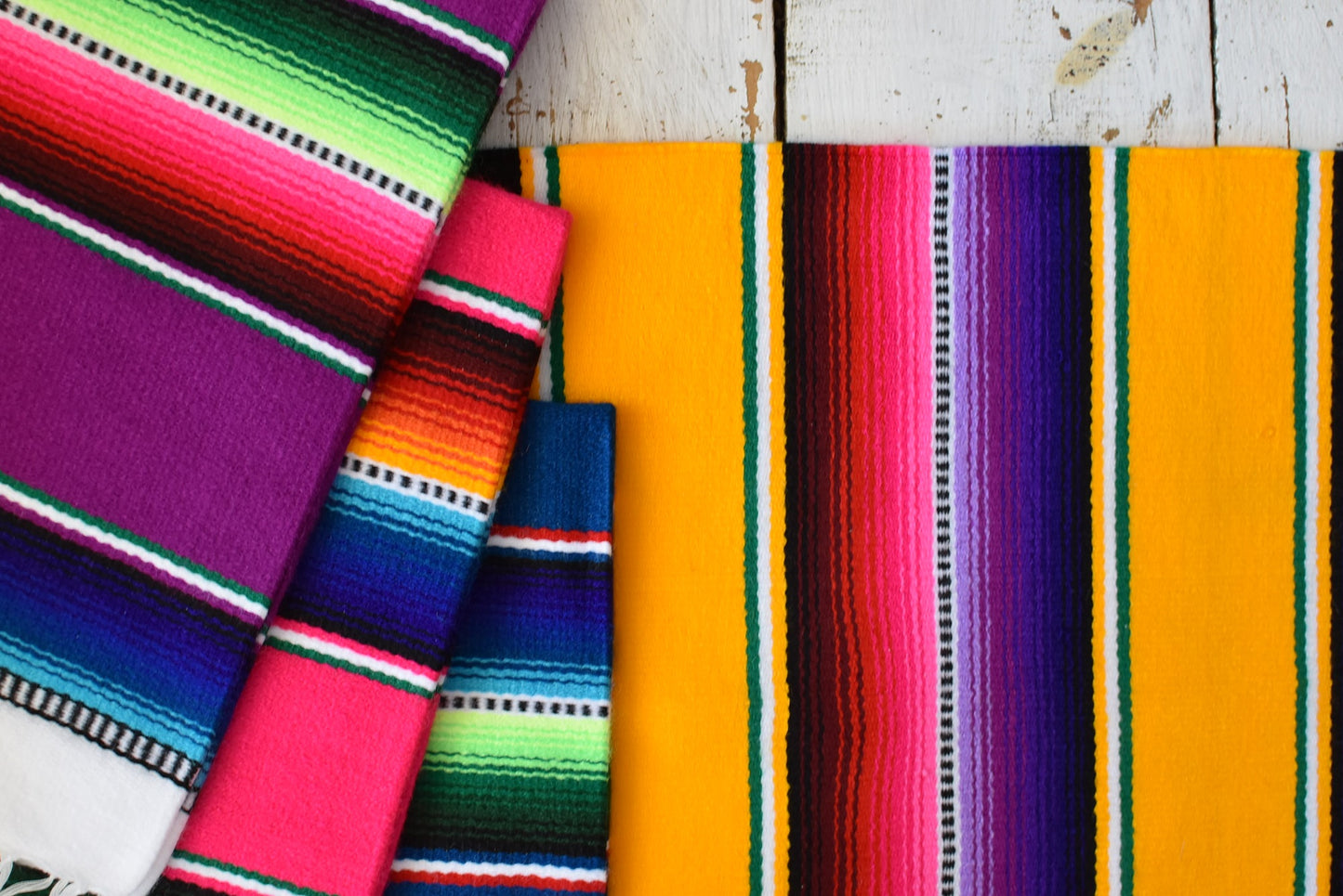 Mexican Placemats Set of 4 Serape Placemats Handwoven w Base Colours Yellow, Purple, Fuchsia, Dark Turquoise - ARTMEXICO