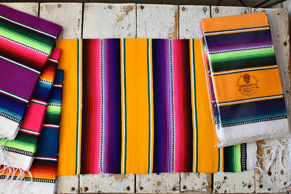 Mexican Placemats Set of 4 Serape Placemats Handwoven w Base Colours Yellow, Purple, Fuchsia, Dark Turquoise - ARTMEXICO