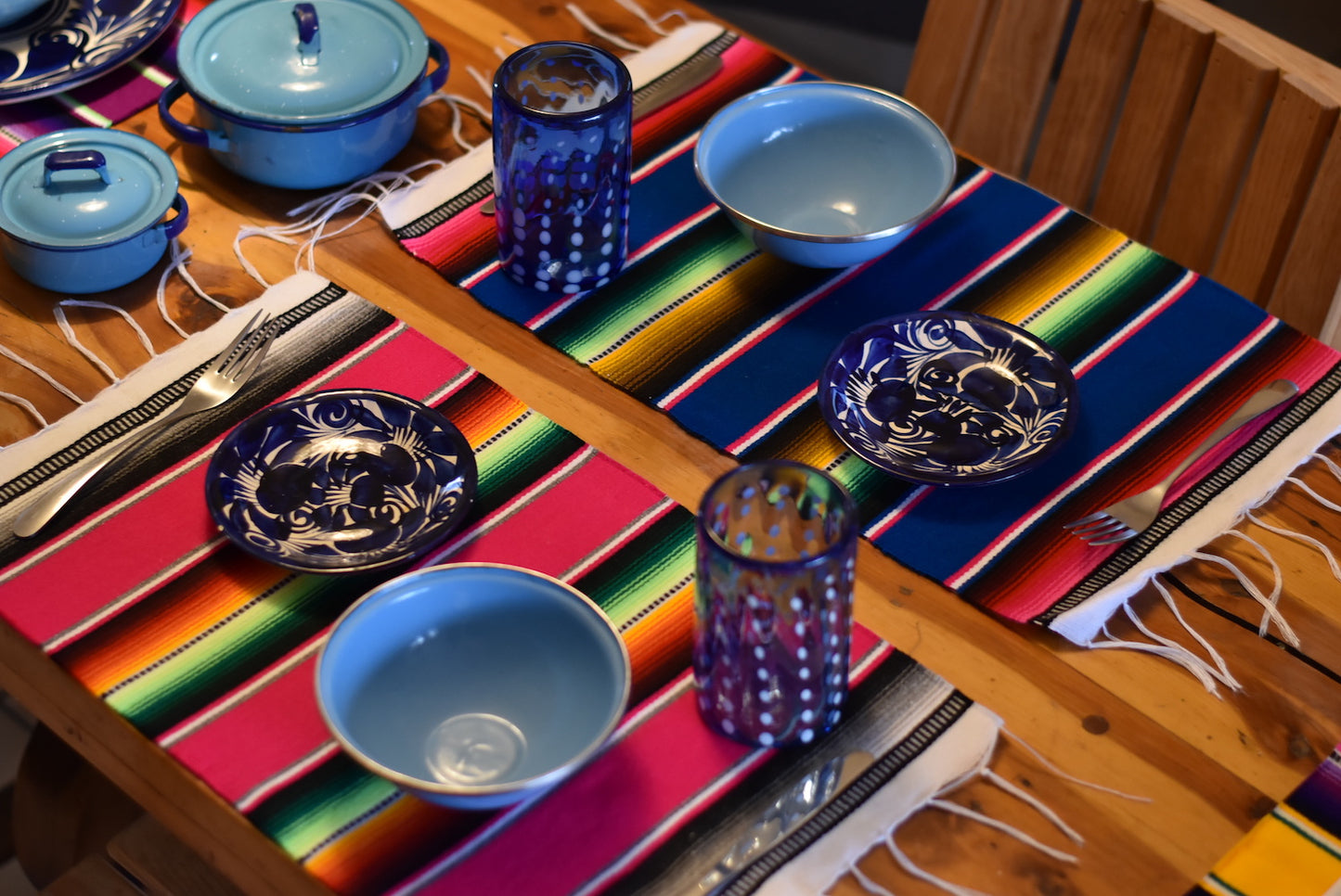 Mexican Placemats Set of 4 Serape Placemats Handwoven w Base Colours Yellow, Purple, Fuchsia, Dark Turquoise - ARTMEXICO