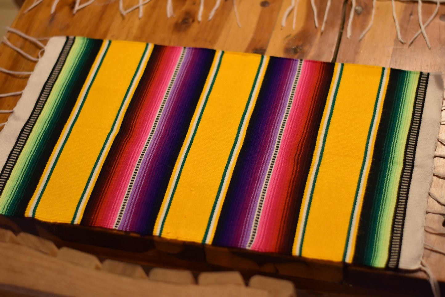 Mexican Placemats Set of 4 Serape Placemats Handwoven w Base Colours Yellow, Purple, Fuchsia, Dark Turquoise - ARTMEXICO