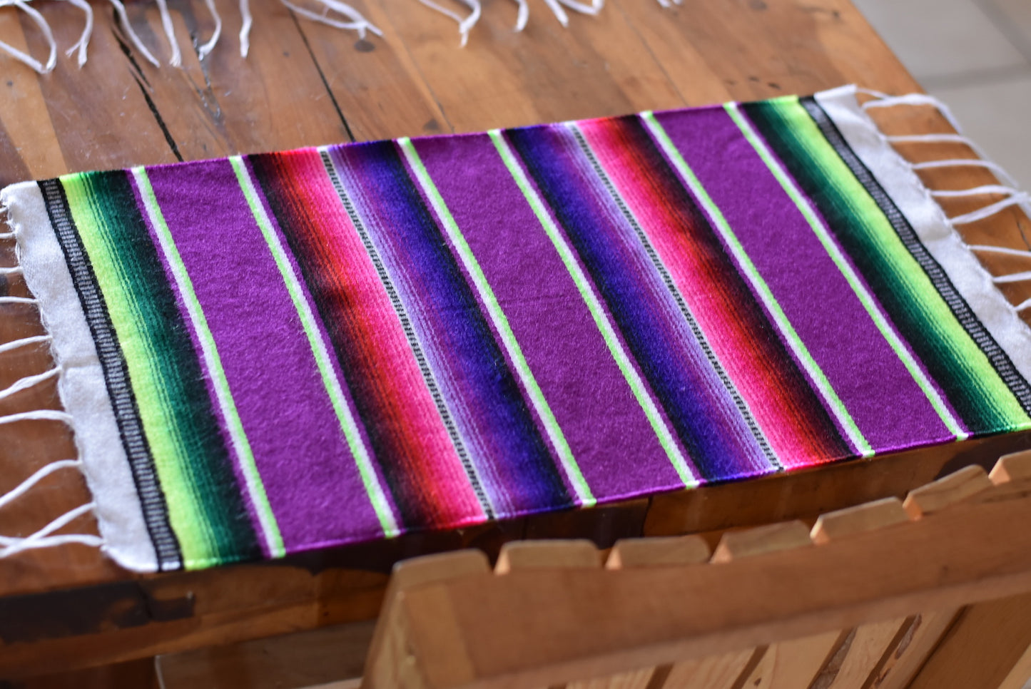Mexican Placemats Set of 4 Serape Placemats Handwoven w Base Colours Yellow, Purple, Fuchsia, Dark Turquoise - ARTMEXICO