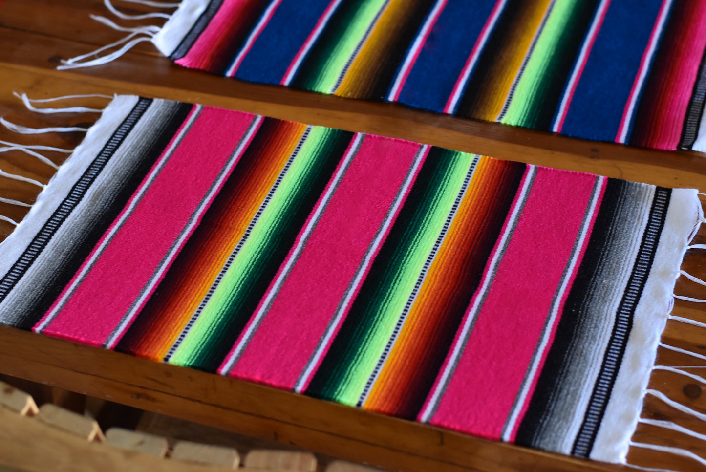 Mexican Placemats Set of 4 Serape Placemats Handwoven w Base Colours Yellow, Purple, Fuchsia, Dark Turquoise - ARTMEXICO