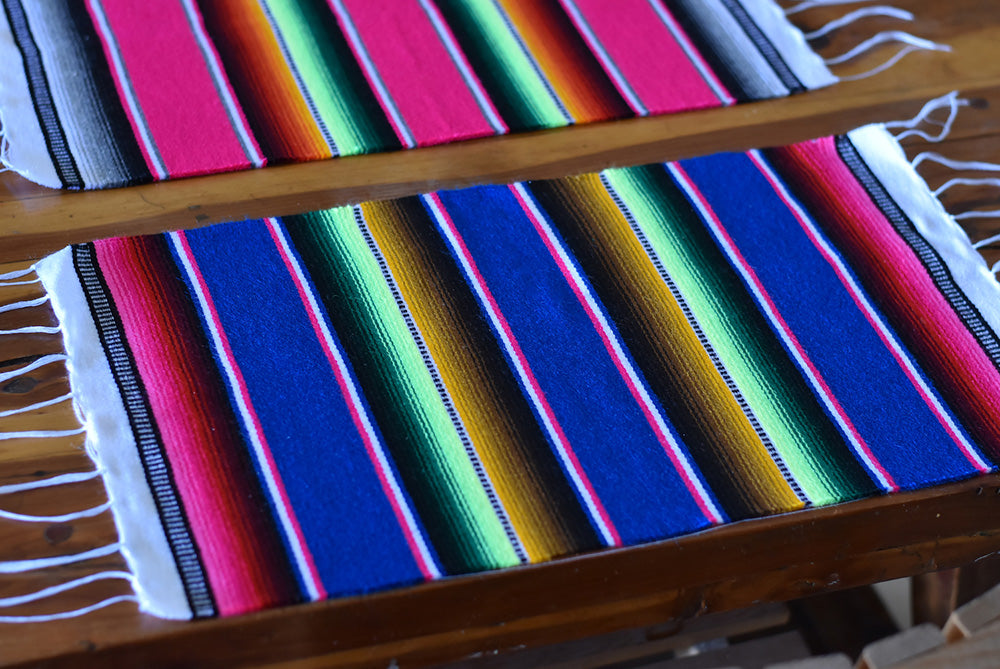 Mexican Placemats Set of 4 Serape Placemats Handwoven w Base Colours Yellow, Purple, Fuchsia, Dark Turquoise - ARTMEXICO