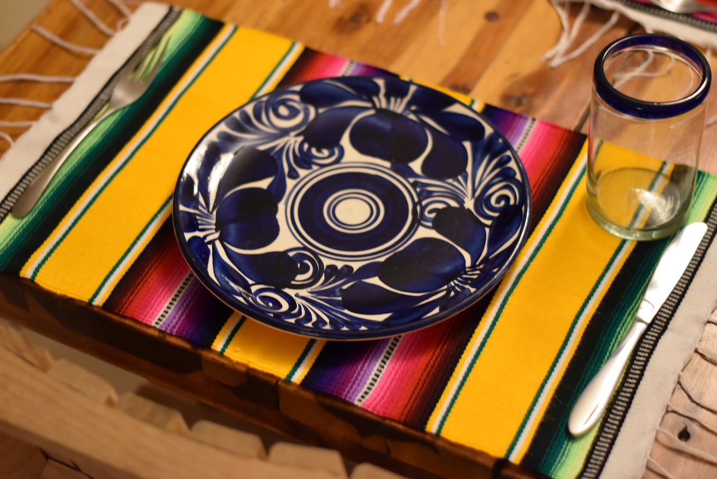 Mexican Placemats Set of 4 Serape Placemats Handwoven w Base Colours Yellow, Purple, Fuchsia, Dark Turquoise - ARTMEXICO