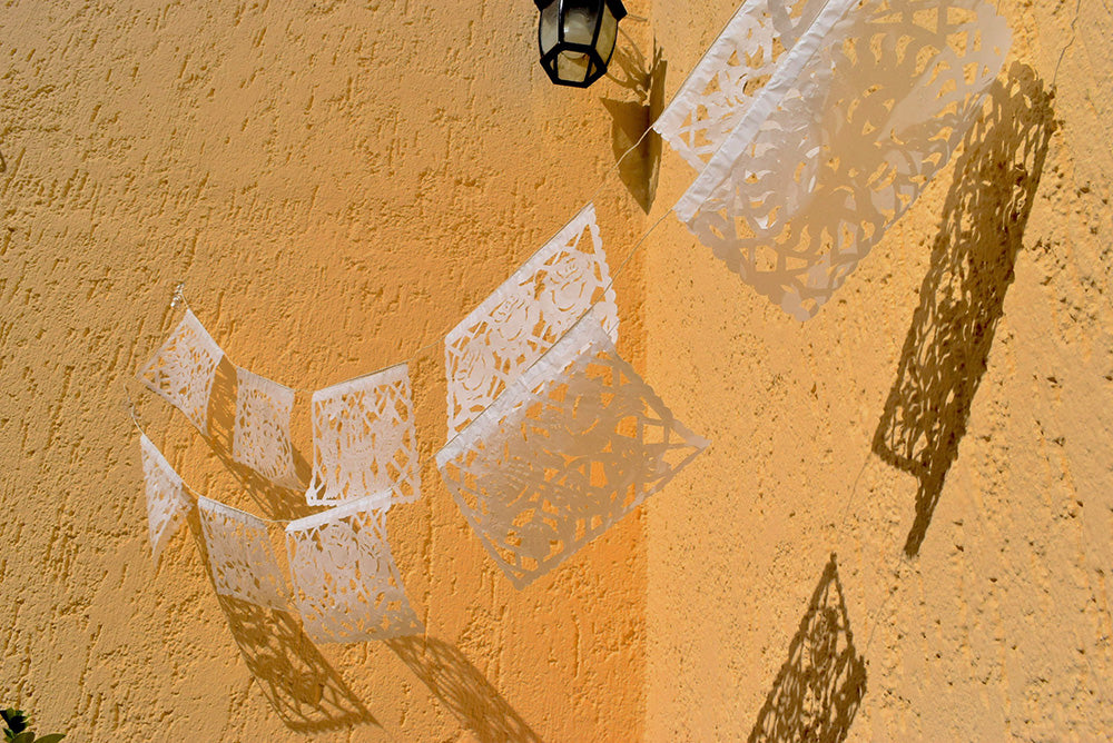 White Papel Picado | White Bunting Decorations | 5m (15ft) Garland with 12 Medium Flags - ARTMEXICO