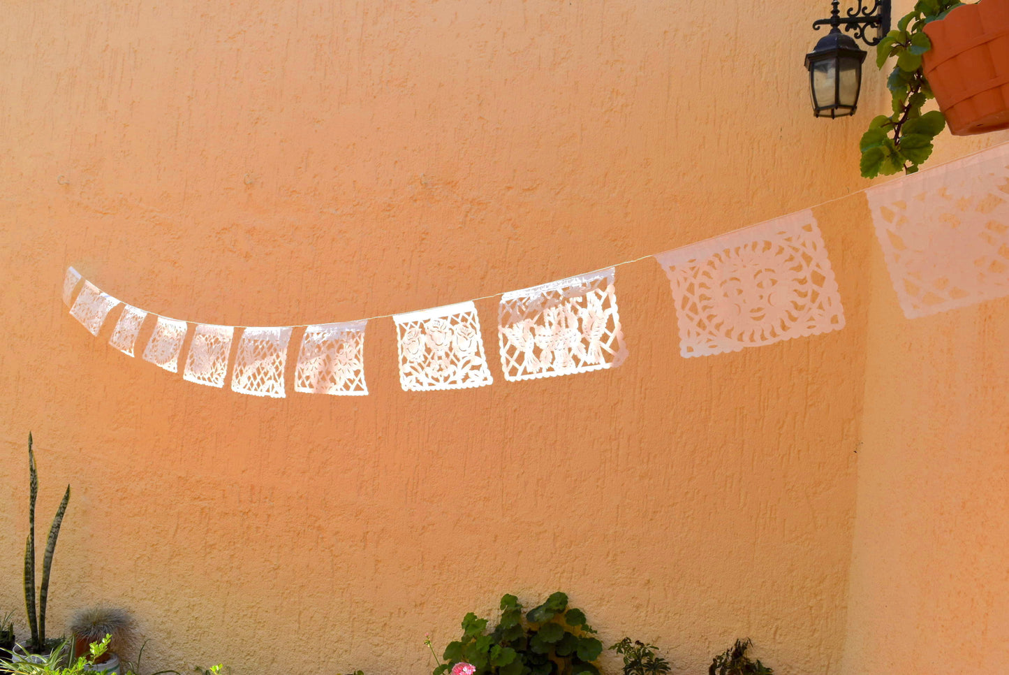 White Papel Picado | White Bunting Decorations | 5m (15ft) Garland with 12 Medium Flags - ARTMEXICO