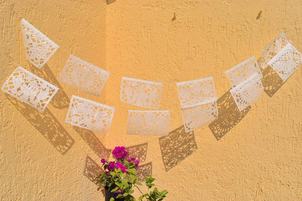White Papel Picado | White Bunting Decorations | 5m (15ft) Garland with 12 Medium Flags - ARTMEXICO