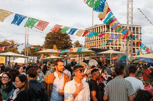 festival papel picado blowing in the wind at Fiesta Corazon Latino festival