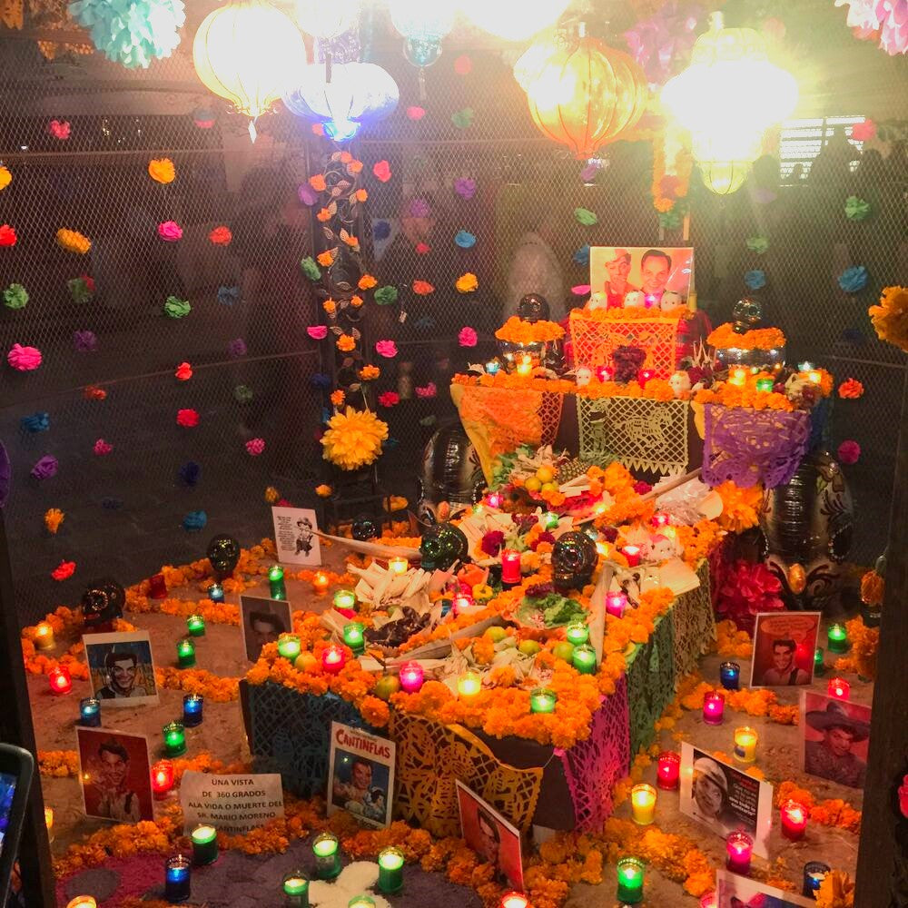 Paper Cempasuchil Marigolds Day of the Dead flowers decorating Dia de Muertos altar