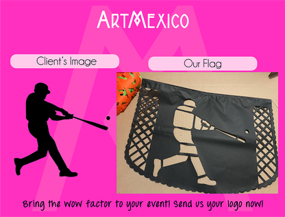 client's logo and the custom papel picado paper flag we made for them