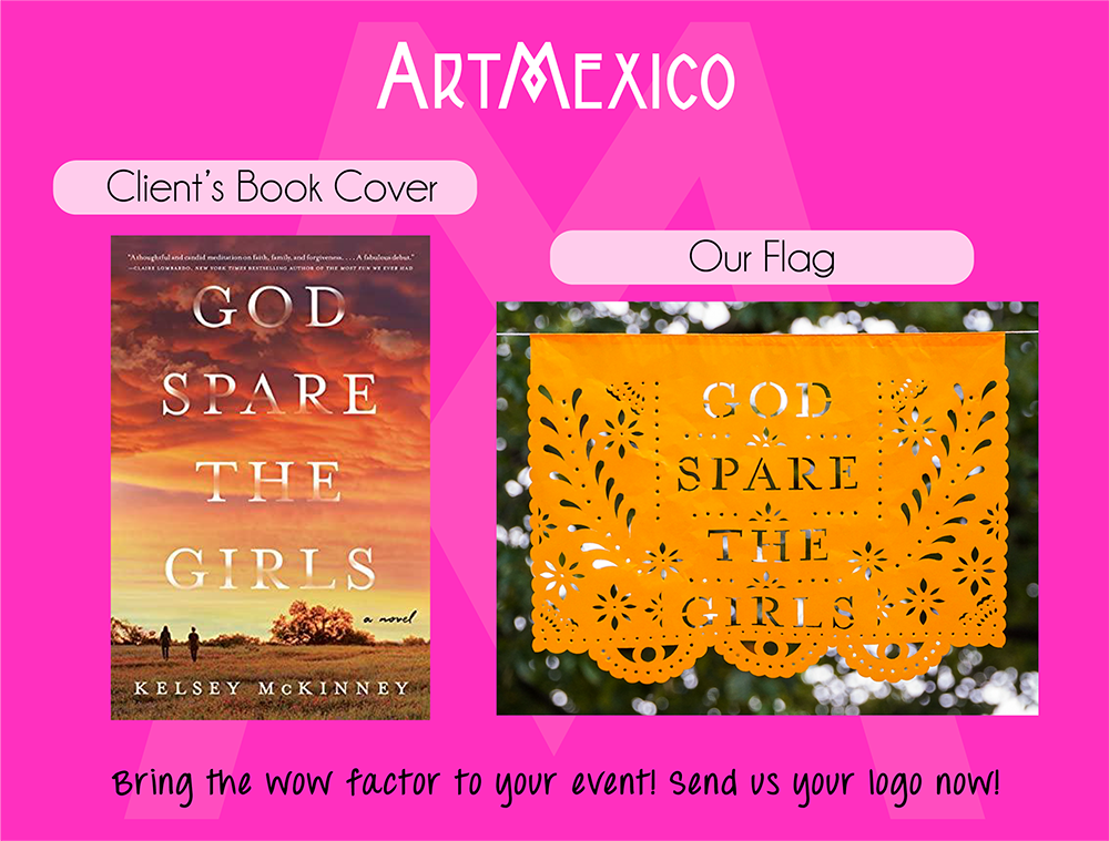 client's book cover and the custom papel picado flag we made for their book launch