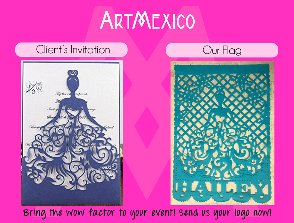 client's quinceanera invitation and the custom papel picado flag we made based on it