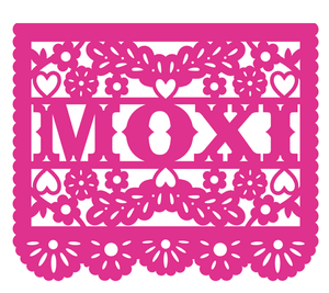 A cutout with 'MOXI' and floral patterns on a white background