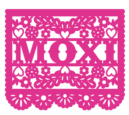 A cutout with 'MOXI' and floral patterns on a white background