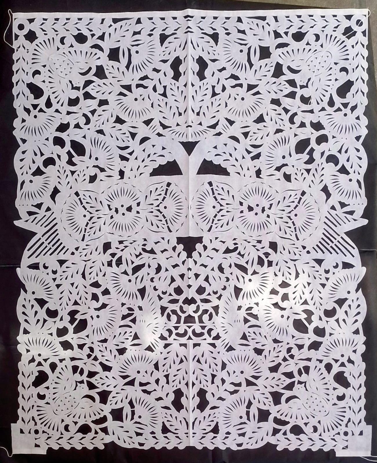 Mexican Wedding Backdrop Papel Picado White Reception Banner Hand Cut Traditional Artisan Crafted Wall Art Photo Background Large Scale Ceremony Display Authentic Folk Art Design Fiesta Theme Celebration