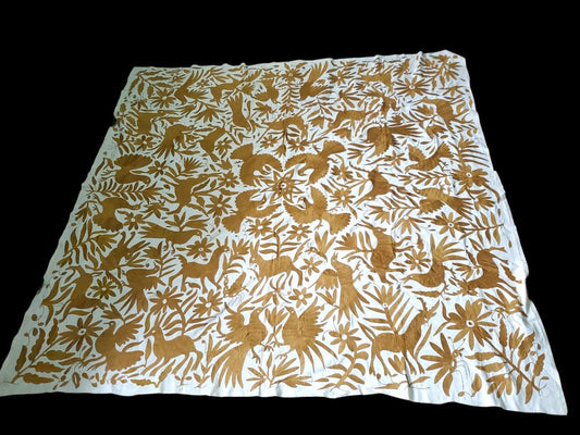 Otomi Tapestry Extra Large Mexican Hand Embroidered Tenango Wall Art - ALL BEIGE