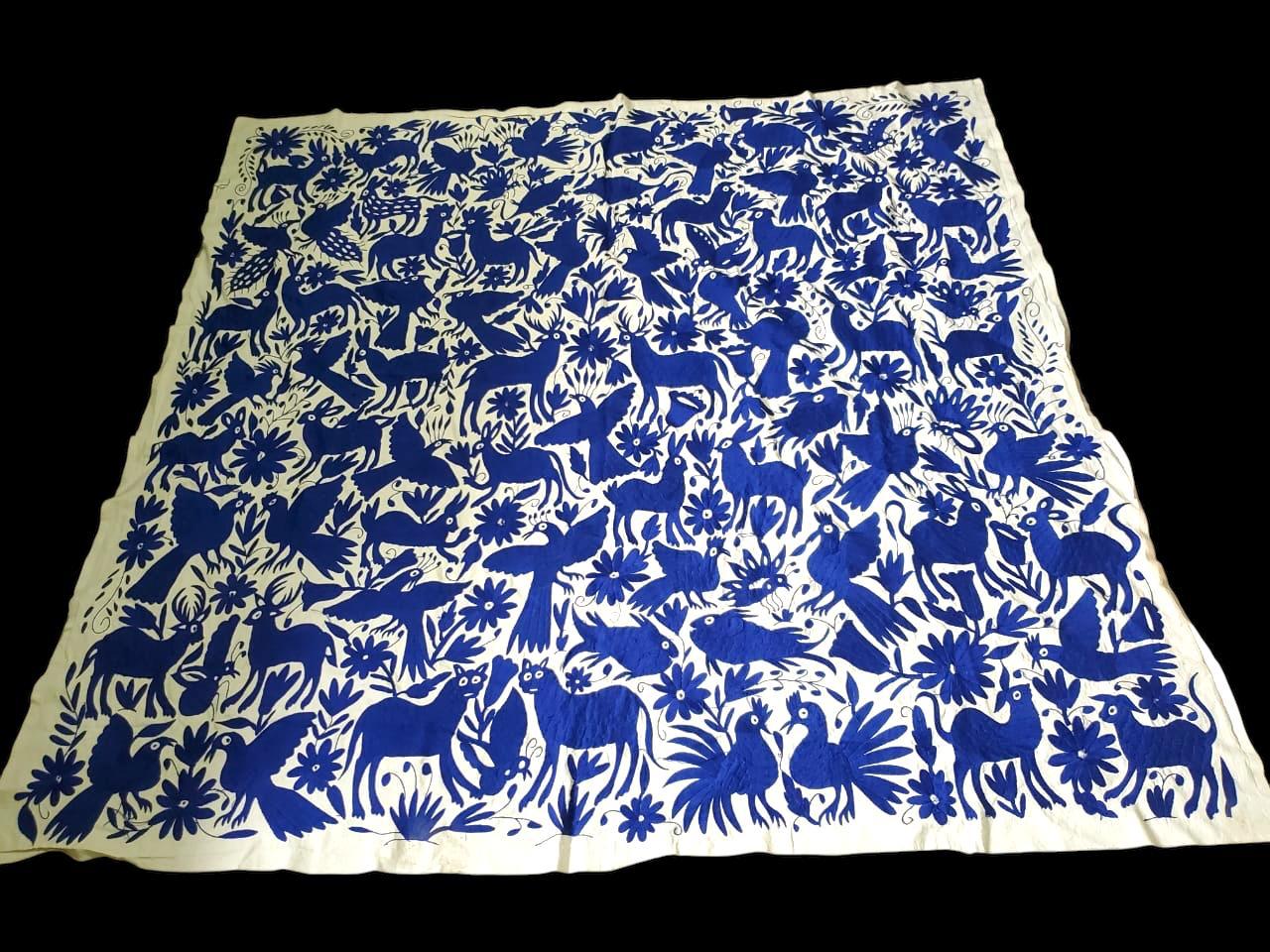 Otomi Tapestry Extra Large Mexican Hand Embroidered Tenango Wall Art - ALL DARK BLUE