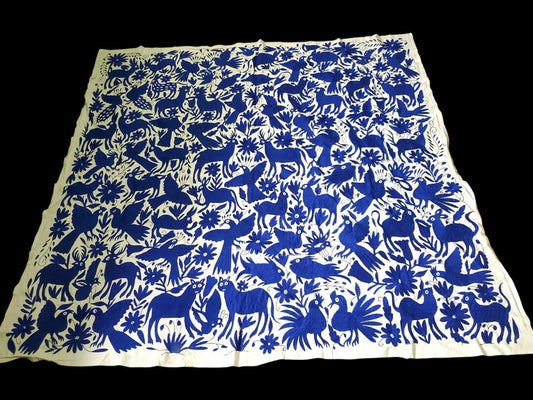 Otomi Tapestry Extra Large Mexican Hand Embroidered Tenango Wall Art - ALL DARK BLUE