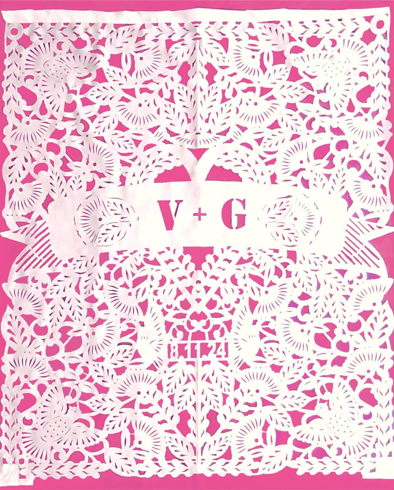 Papel Picado Wedding Banner White Personalized Backdrop Mexican Theme Reception Wall Art Custom Hand Cut Design Authentic Artisan Made Traditional Folk Craft Large Photo Background Ceremony Display Elegant White Material Intricate Floral