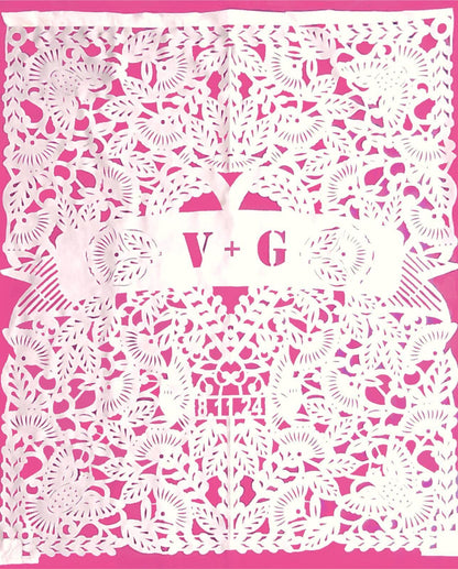 Papel Picado Wedding Banner White Personalized Backdrop Mexican Theme Reception Wall Art Custom Hand Cut Design Authentic Artisan Made Traditional Folk Craft Large Photo Background Ceremony Display Elegant White Material Intricate Floral