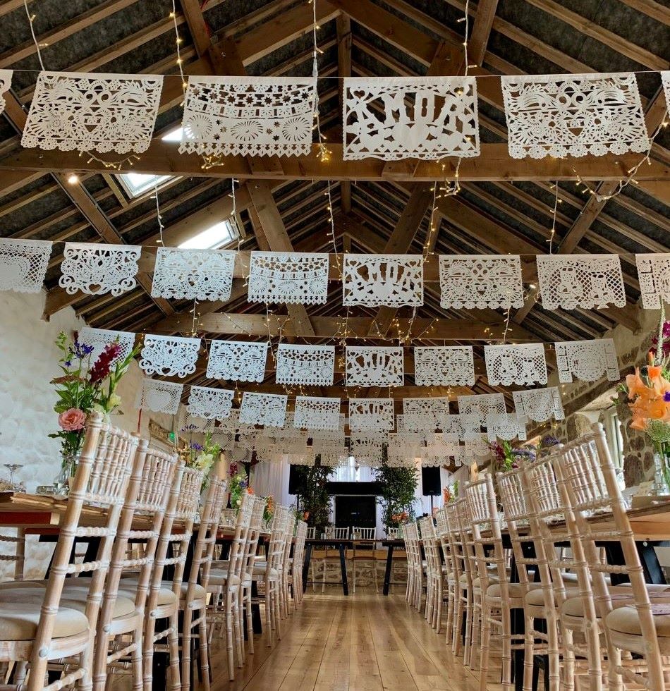 How much bunting to order & papel picado hanging style: HUNG STRAIGHT ACROSS