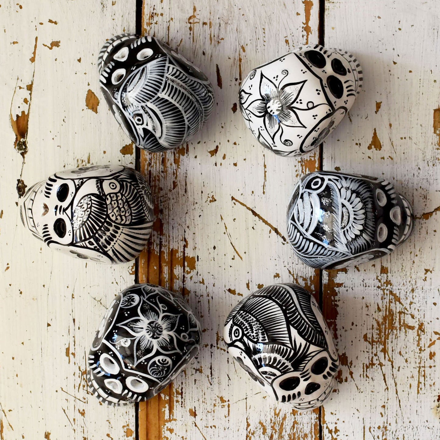 Black & White Ceramic Skulls Day of the Dead Inspired Art