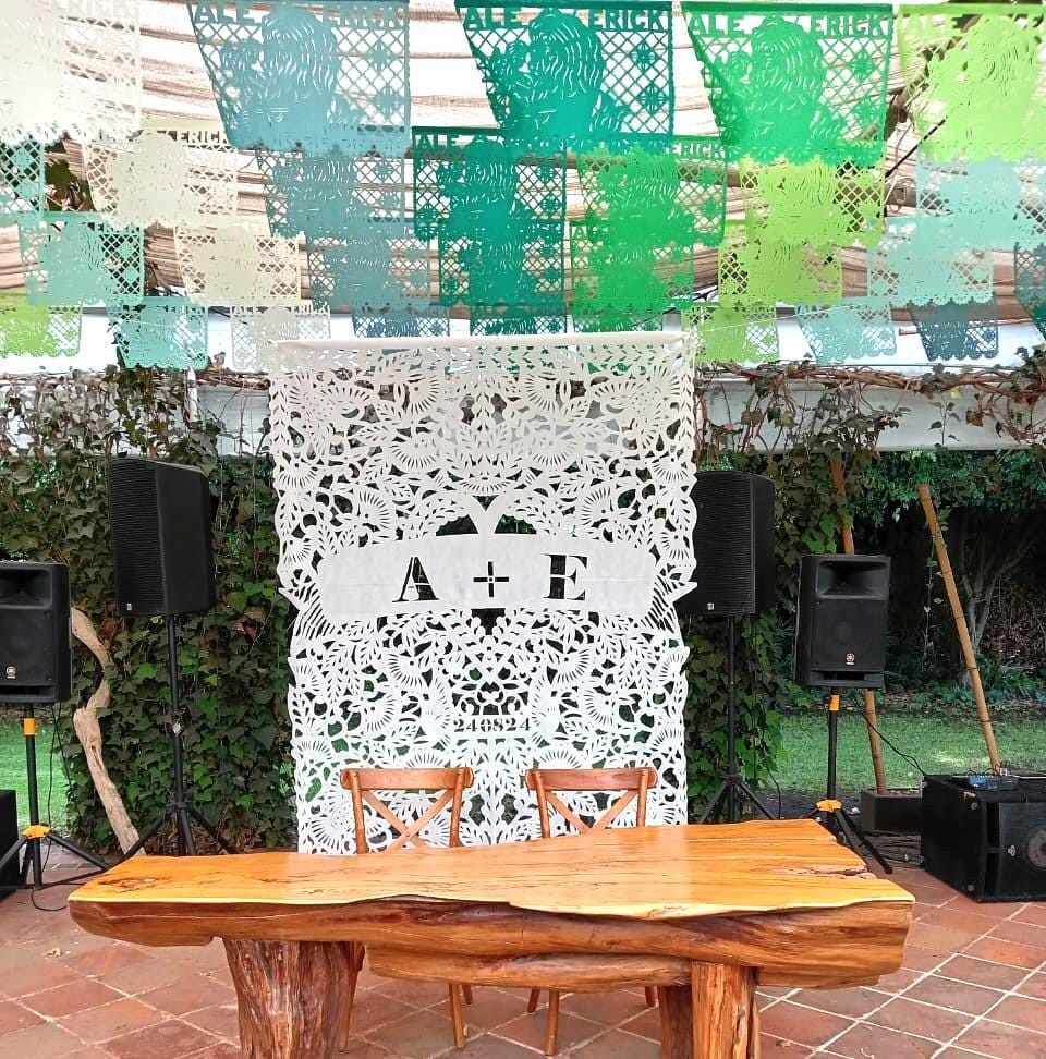 White Wedding Reception Backdrop Mexican Papel Picado Personalized Banner Custom Names Date Hand Cut Artisan Traditional Folk Art Large Wall Display Photo Background Ceremony Setting Elegant Tissue Paper Intricate Lace Design Floral Bird