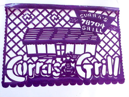custom papel picado plastic flag we made for our client Curra's Grill