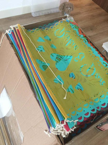 custom papel picado plastic flags client unboxing