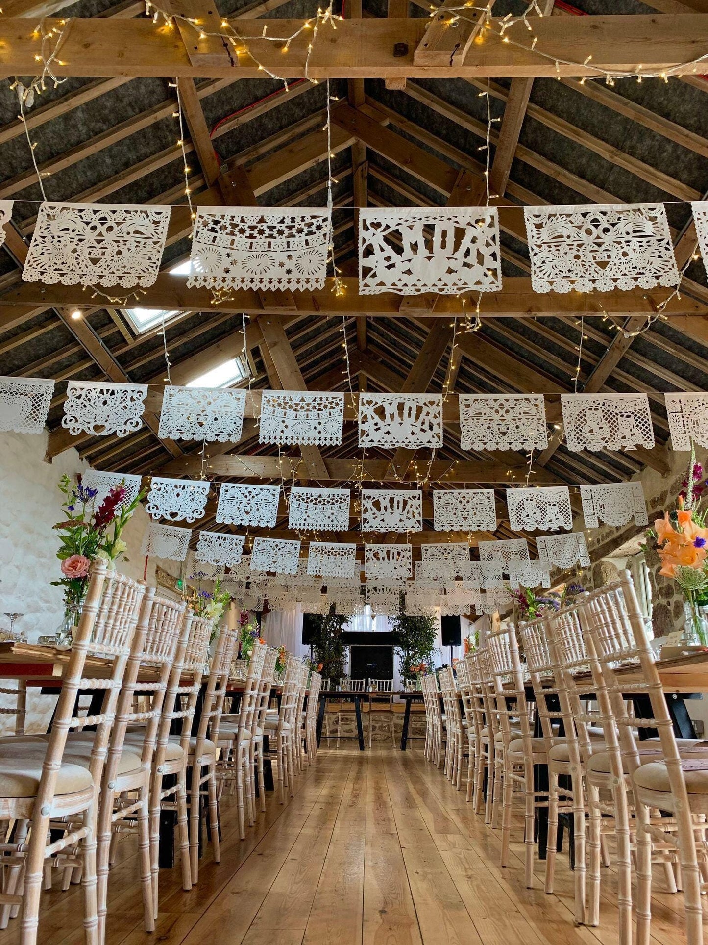 Papel Picado Wedding Banner Garland White Flags Mexican Traditional Design Handmade Authentic Waterproof Plastic Perfect Wedding Venue Backdrop Beautiful Ceremony Reception Hanging Display Intricate Cutout Pattern Heritage Cultural