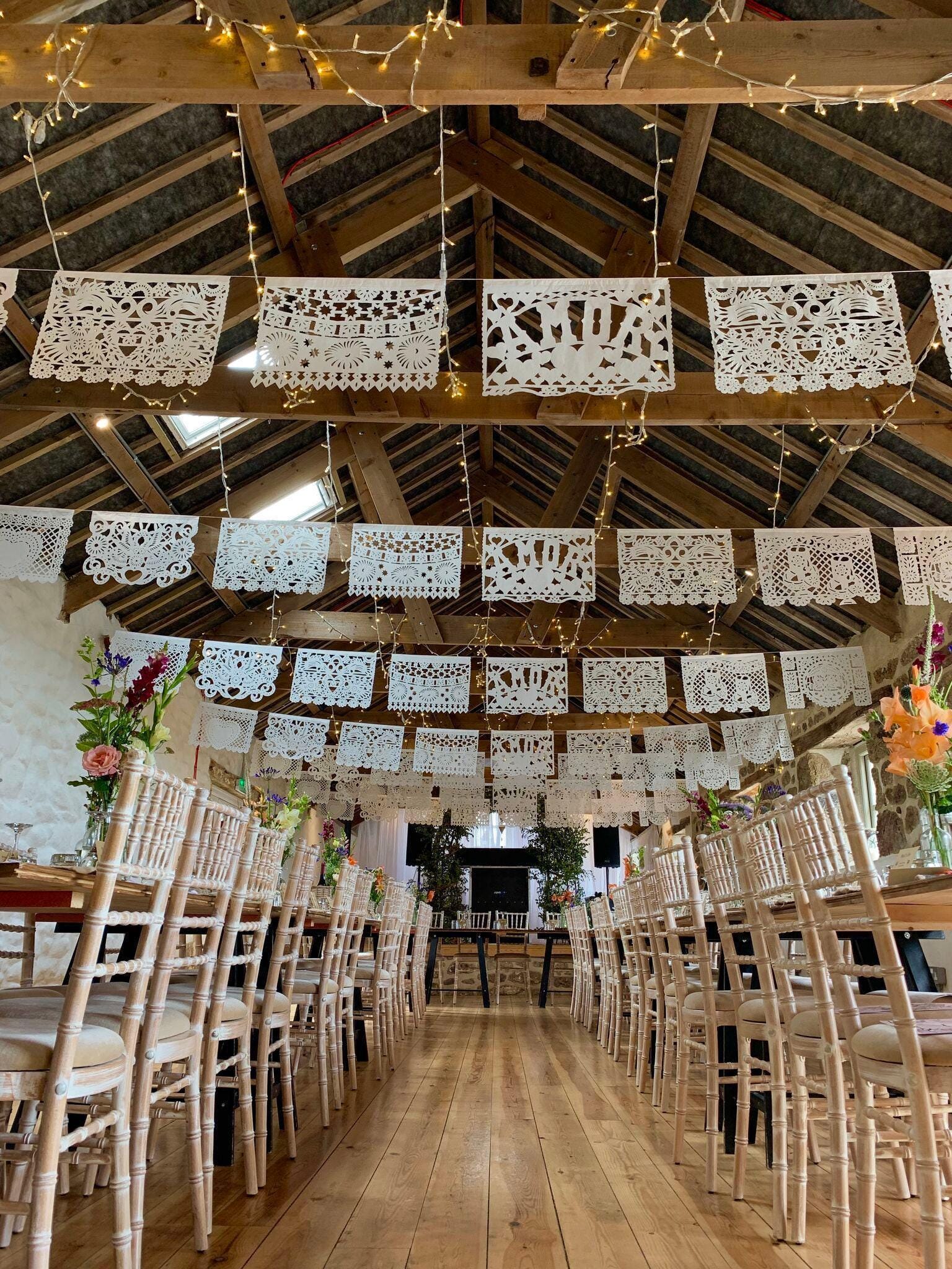 Papel Picado Wedding Banner Garland White Flags Mexican Traditional Design Handmade Authentic Waterproof Plastic Perfect Wedding Venue Backdrop Beautiful Ceremony Reception Hanging Display Intricate Cutout Pattern Heritage Cultural