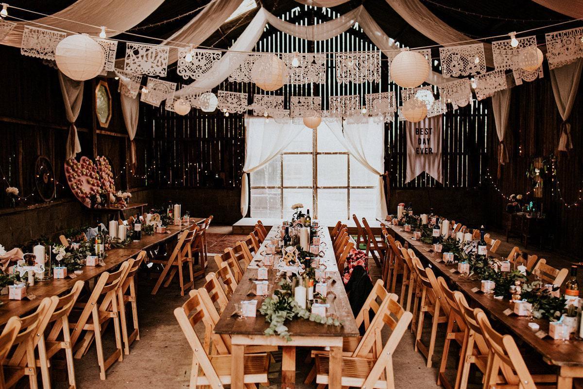 Mexican Wedding Banner Papel Picado Garland Traditional Handmade Authentic White Flags Heritage Cultural Celebration Beautiful Intricate Cutout Design Waterproof Plastic Perfect Ceremony Backdrop Venue Hanging Display Rustic Bohemian