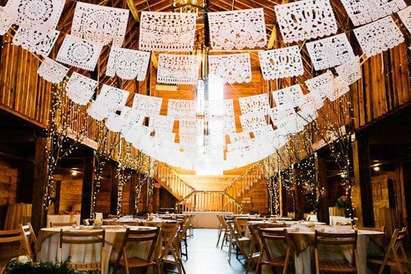 Waterproof Wedding Backdrop Papel Picado Banner Garland Mexican Traditional White Flags Perfect Venue Styling Authentic Handmade Heritage Design Beautiful Ceremony Reception Hanging Display Intricate Cutout Pattern Cultural Celebration