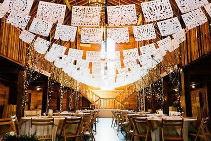 Waterproof Wedding Backdrop Papel Picado Banner Garland Mexican Traditional White Flags Perfect Venue Styling Authentic Handmade Heritage Design Beautiful Ceremony Reception Hanging Display Intricate Cutout Pattern Cultural Celebration