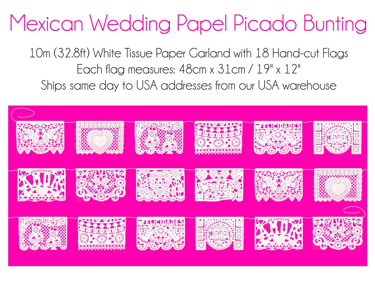 Traditional Papel Picado Mexican Wedding Banner Garland White Flags Handmade Authentic Heritage Cultural Design Beautiful Intricate Cutout Pattern Waterproof Plastic Perfect Ceremony Backdrop Venue Hanging Display Rustic Bohemian Wedding