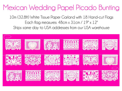 Traditional Papel Picado Mexican Wedding Banner Garland White Flags Handmade Authentic Heritage Cultural Design Beautiful Intricate Cutout Pattern Waterproof Plastic Perfect Ceremony Backdrop Venue Hanging Display Rustic Bohemian Wedding